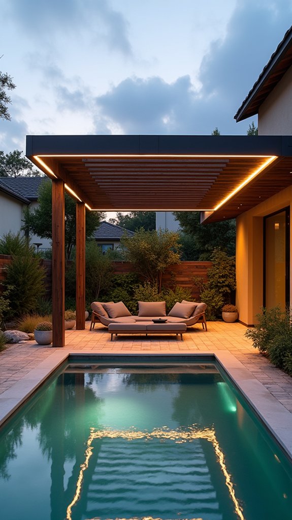 22 Modern Pool Pergola Ideas With Sleek Minimal Shapes integrated lighting for ambiance