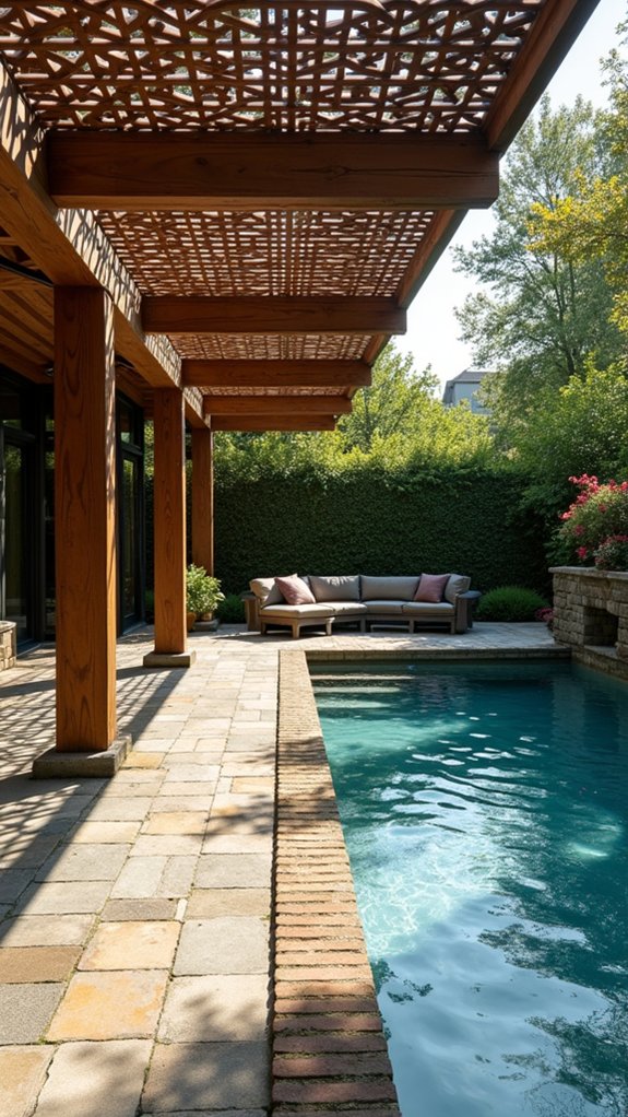 22 Modern Pool Pergola Ideas With Sleek Minimal Shapes lattice design enhances aesthetics