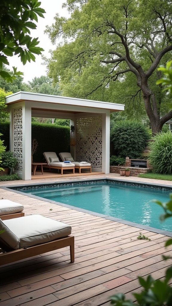 19 Modern Pool Gazebo Design Ideas With Clean Geometry lattice work for privacy