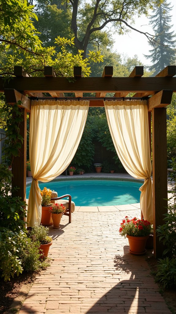 24 Thoughtful Pool Pergola Ideas That Add Style and Shade lush greenery and vibrant flowers