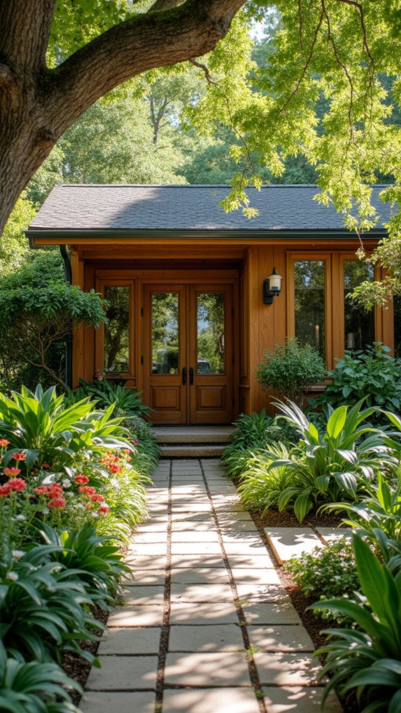 23 Stylish Pool House Exterior Ideas That Boost Curb Appeal lush greenery for tranquility