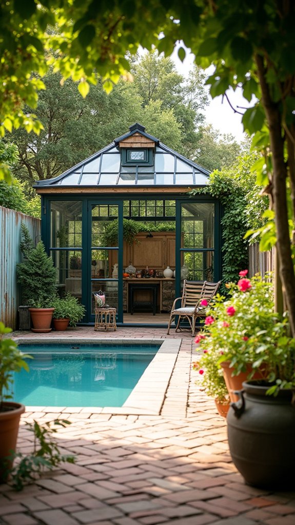 24 Creative Pool House For Small Backyard Ideas That Make Every Foot Count lush greenhouse pool house