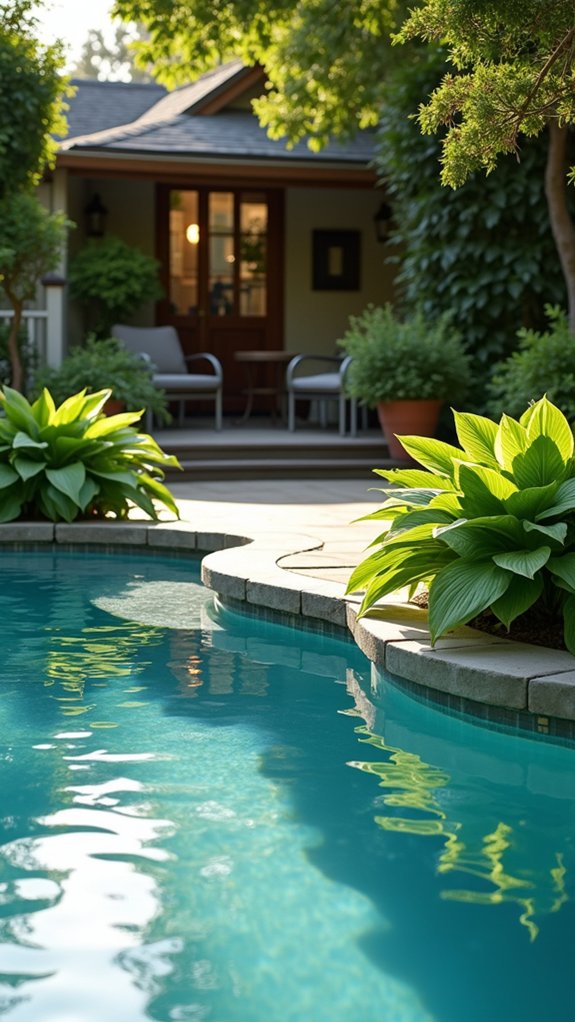 21 Pretty Shade Plants Around Pool Ideas That Add Color and Cover lush low maintenance poolside foliage