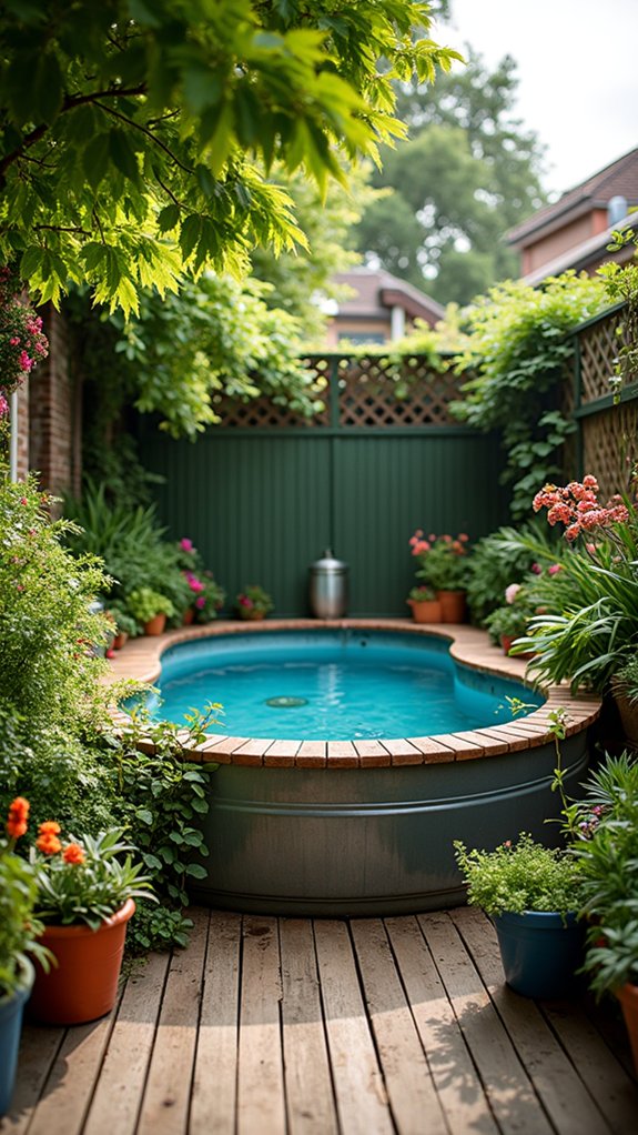 25 Fun Stock Tank Pool Shade Ideas That Keep Things Cool lush plants enhance paradise