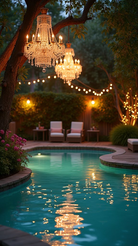 20 Romantic Pool Wedding Lighting Ideas That Feel Magical magical chandeliers above water