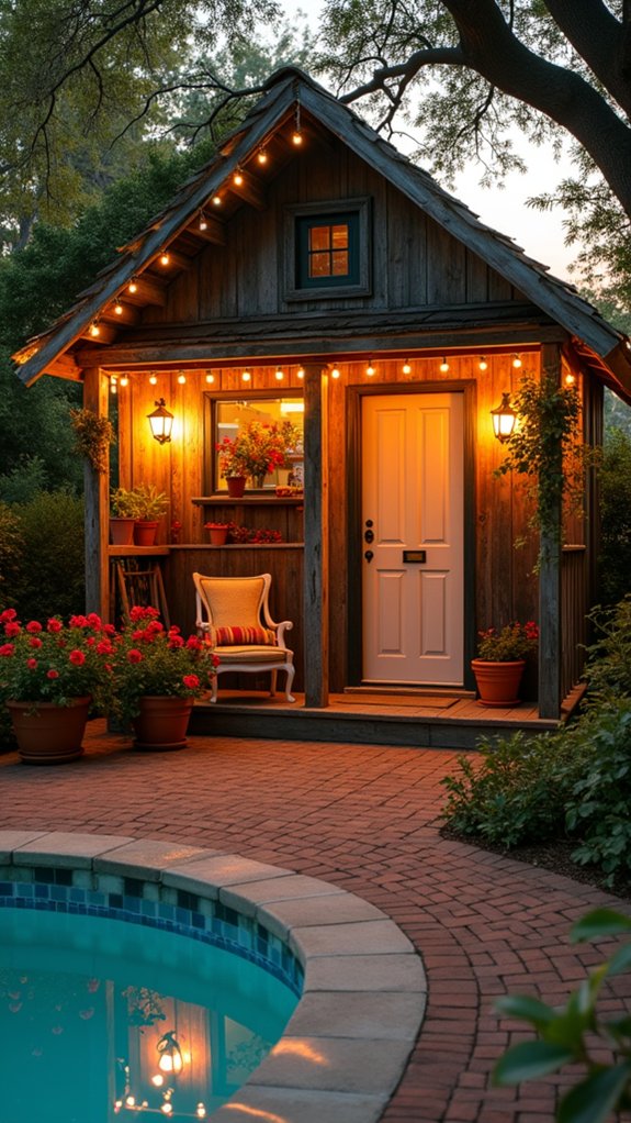 24 Farmhouse Pool House Ideas Full of Cozy Country Style magical fairy light ambiance