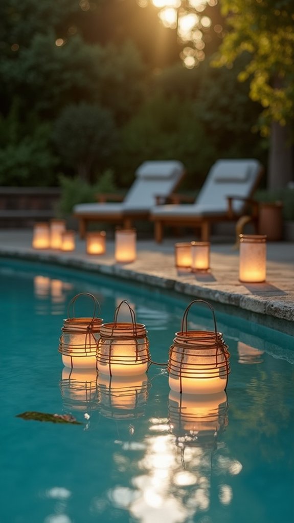 25 Striking Pool Water Feature Lighting Ideas That Add Movement and Glow magical floating pool lanterns
