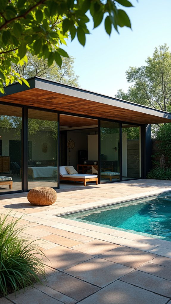 25 Breezy Pool House With Pergola Ideas That Add Shade and Style modern glass walled pool house