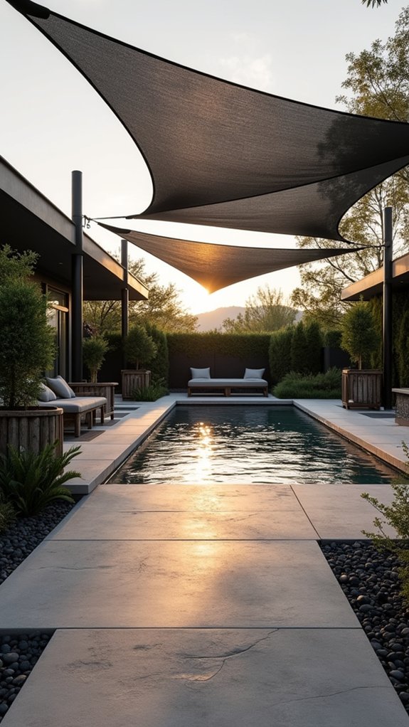 25 Sleek Pool Shade Sail Ideas With Modern Appeal monochrome shade sails elegance