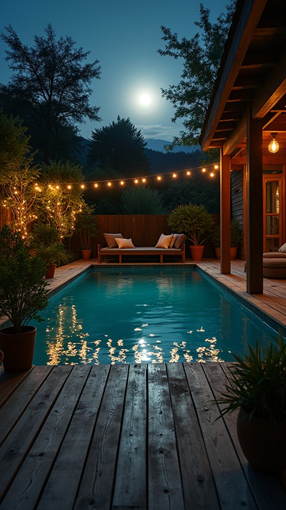 22 Calm Pool Enclosure Lighting Ideas That Feel Serene at Night moonlight shimmering on water