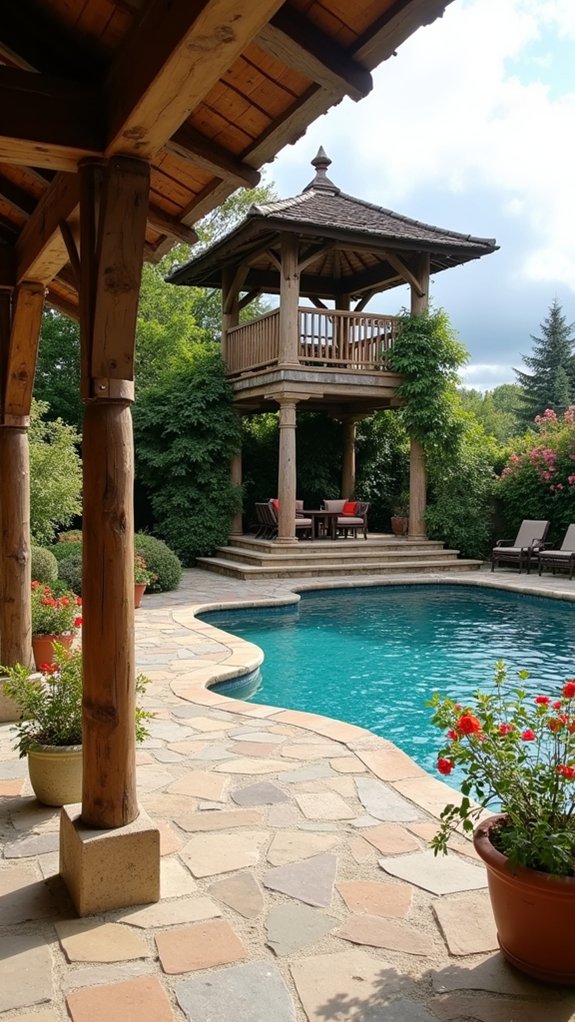25 Inviting Rustic Pool Gazebo Ideas With Natural Materials multi level poolside gazebo design