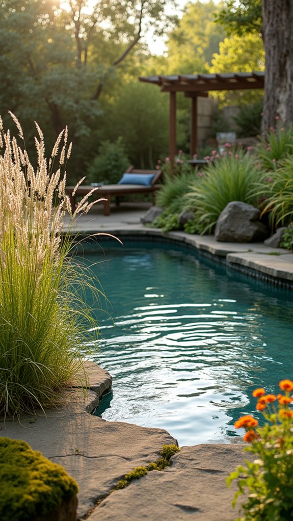 18 Natural Pool Shade Ideas That Rely on Beautiful Landscaping native grasses enhance tranquility