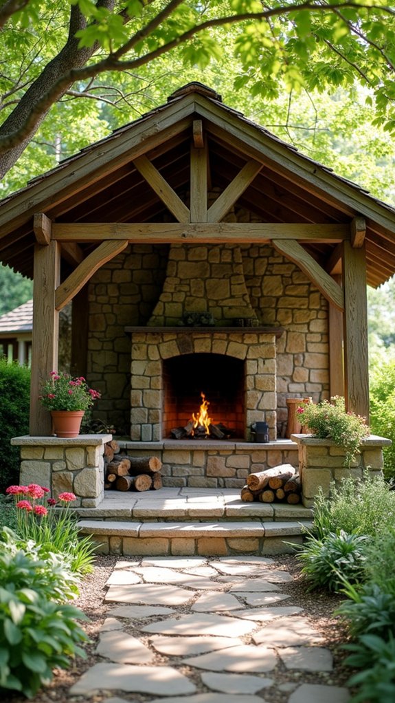22 Warm Pool Gazebo With Fireplace Ideas That Extend the Season nature inspired stone hearth gazebo