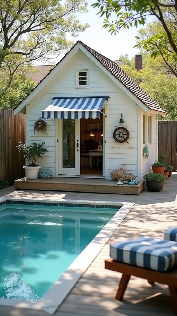 24 Creative Pool House For Small Backyard Ideas That Make Every Foot Count nautical decor for relaxation