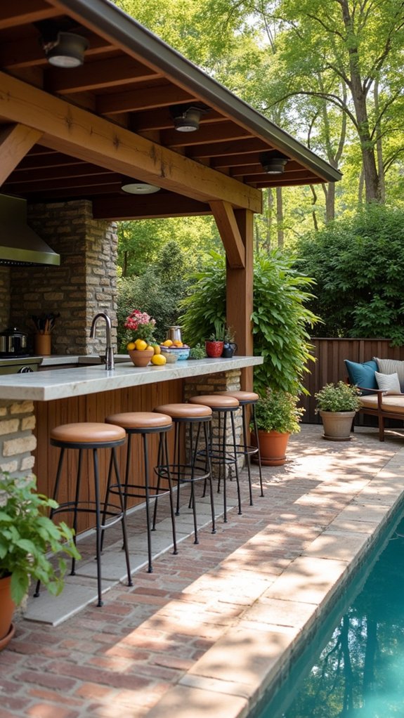 23 Functional Pool House With Outdoor Kitchen Ideas For Easy Entertaining open air kitchen bar seating