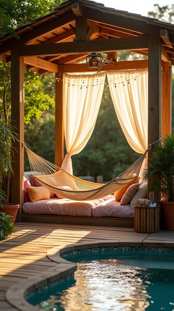 21 Clever Small Backyard Pool Cabana Ideas That Make Space Work Harder relaxing hammock by pool