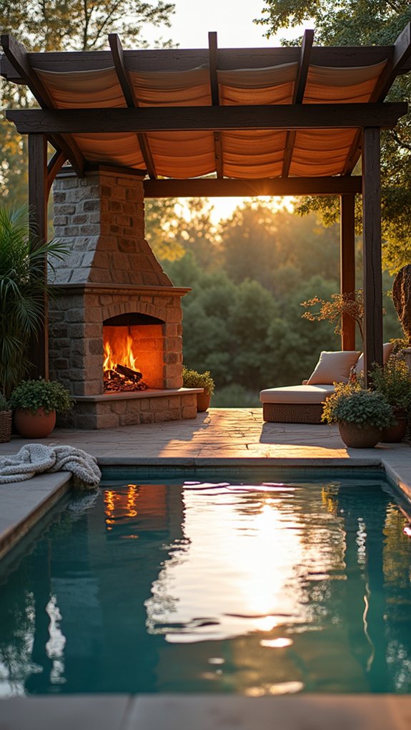 20 Cozy Pool Pergola With Fireplace Ideas For Warm Nights retractable roof with fireplace