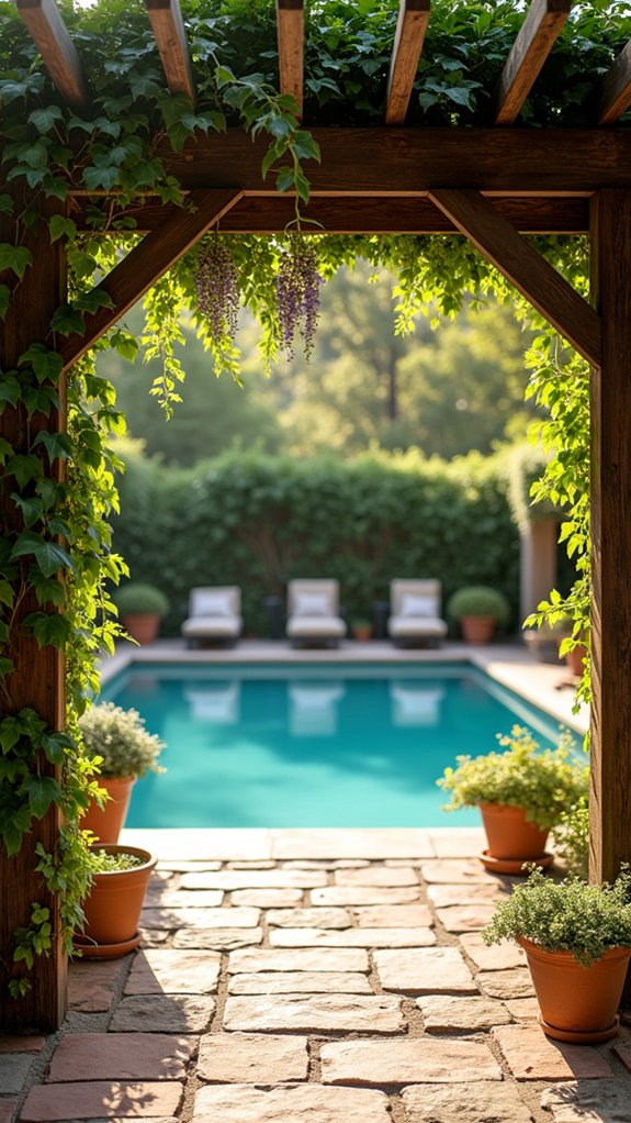 18 Charming Backyard Pool Pergola Ideas That Complete the Space rustic pergola with vines