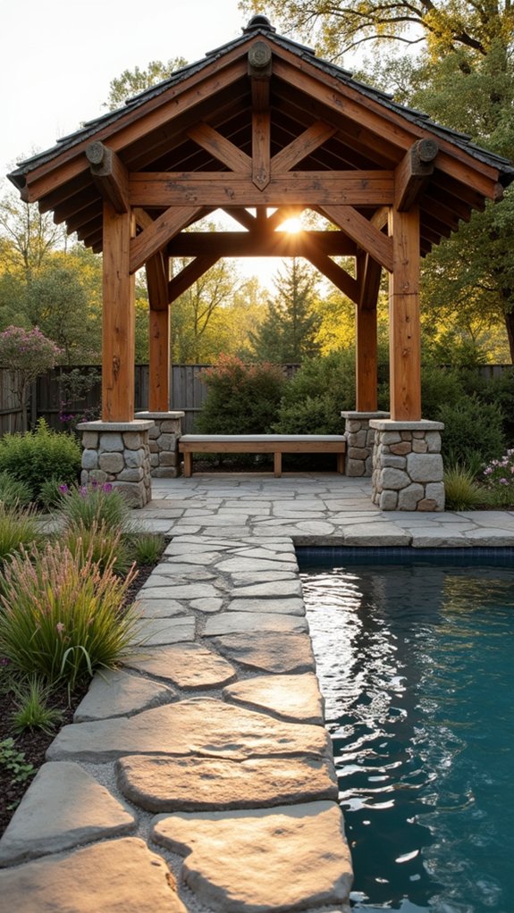 25 Inviting Rustic Pool Gazebo Ideas With Natural Materials rustic stone timber gazebo
