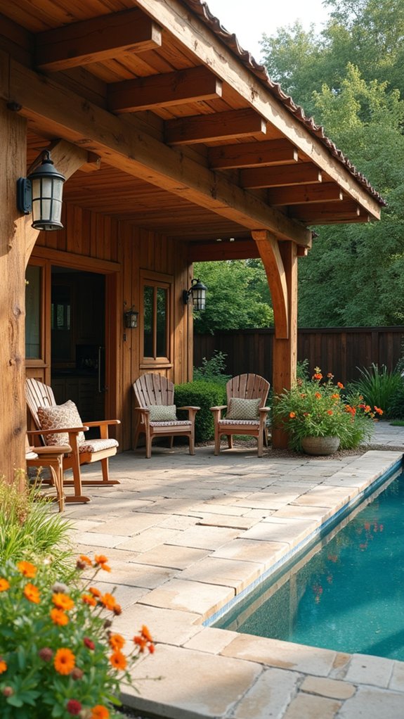 23 Stylish Pool House Exterior Ideas That Boost Curb Appeal rustic wood creates warmth