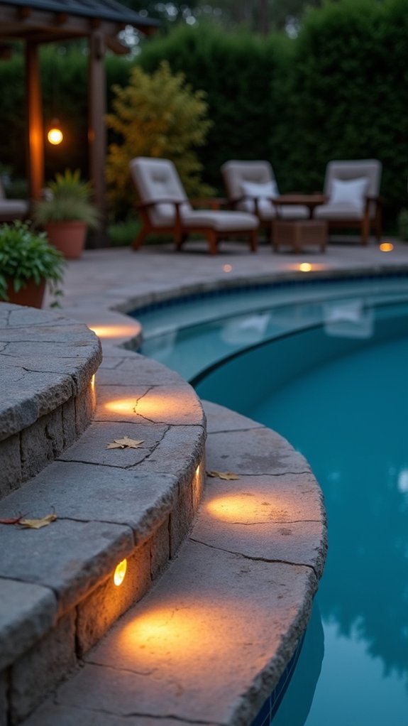 21 Helpful Pool Stairs Lighting Ideas That Guide Each Step safe automatic pool illumination