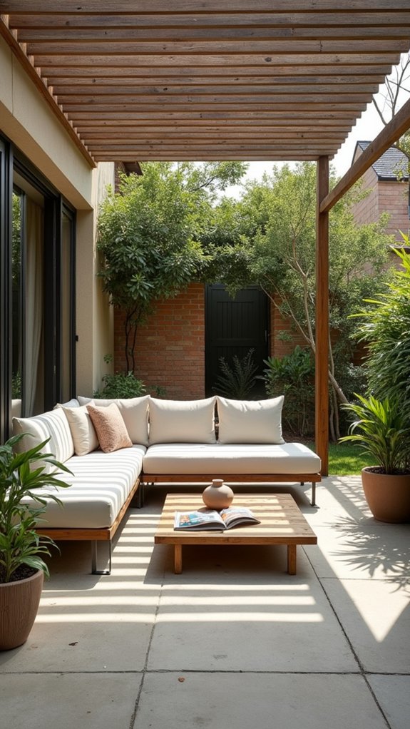 22 Modern Pool Pergola Ideas With Sleek Minimal Shapes serene minimalist outdoor lounge