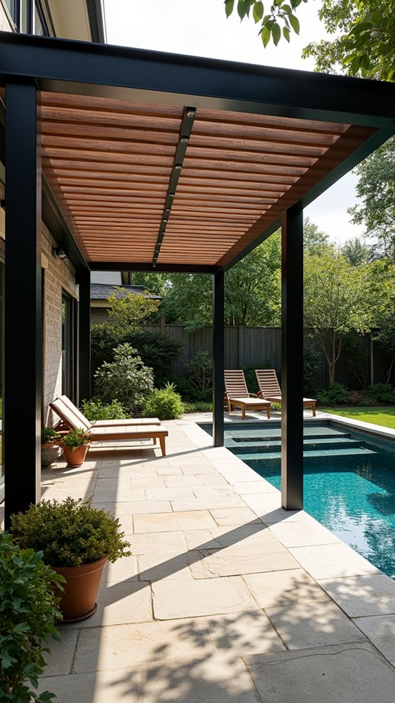 24 Thoughtful Pool Pergola Ideas That Add Style and Shade sleek durable pool shading