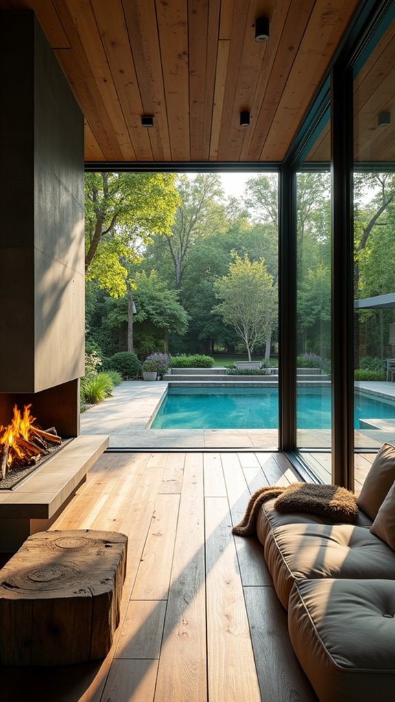 24 Cozy Pool House With Fireplace Ideas For Year Round Comfort sleek glass walled pool house
