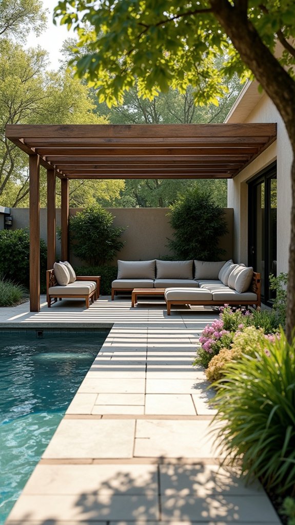 18 Charming Backyard Pool Pergola Ideas That Complete the Space sleek minimalist pergola design
