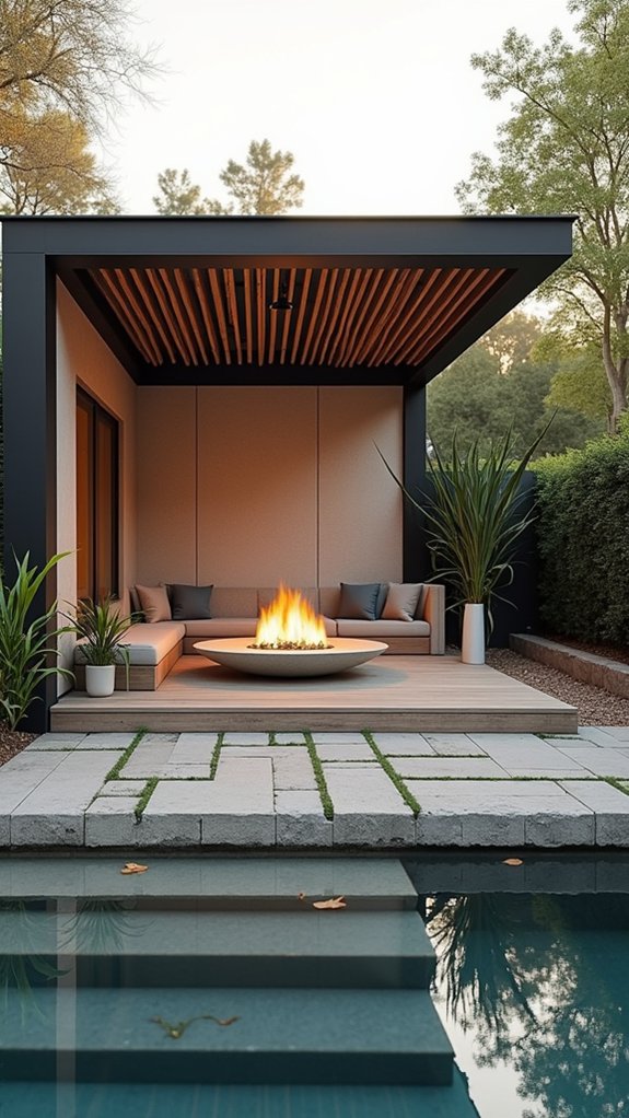 20 Cozy Pool Pergola With Fireplace Ideas For Warm Nights sleek modern pergola design