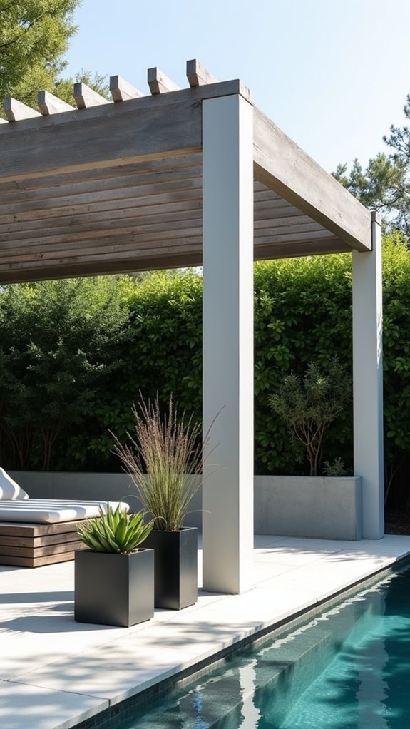 22 Modern Pool Pergola Ideas With Sleek Minimal Shapes sleek monochromatic outdoor elegance