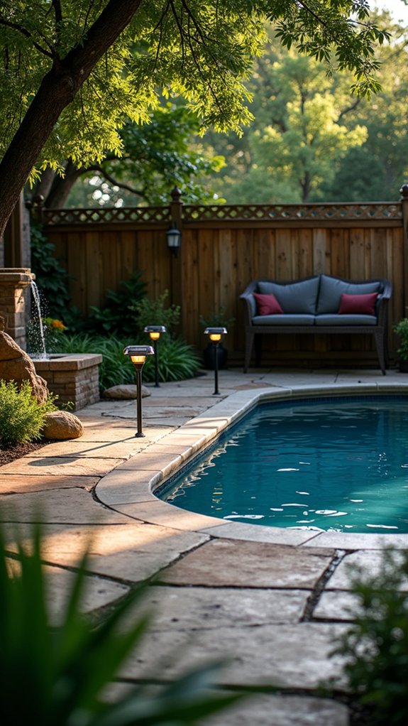 25 Striking Pool Water Feature Lighting Ideas That Add Movement and Glow solar spotlights enhance garden