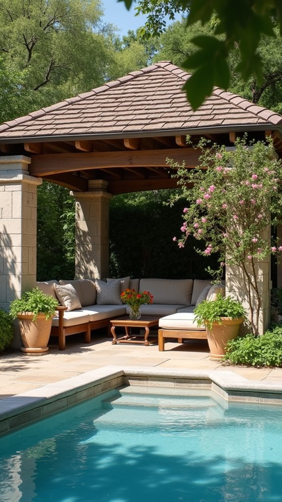 25 Breezy Pool House With Pergola Ideas That Add Shade and Style sophisticated outdoor retreat design