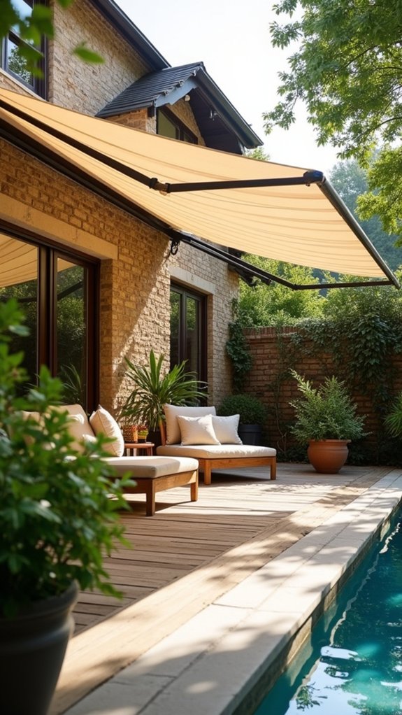24 Smooth Retractable Pool Shade Ideas That Adjust Effortlessly sophisticated shade for relaxation