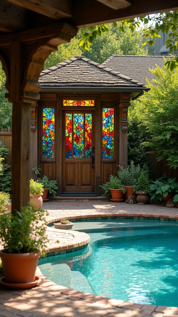 24 Thoughtful Pool Pergola Ideas That Add Style and Shade stained glass transforms ambiance