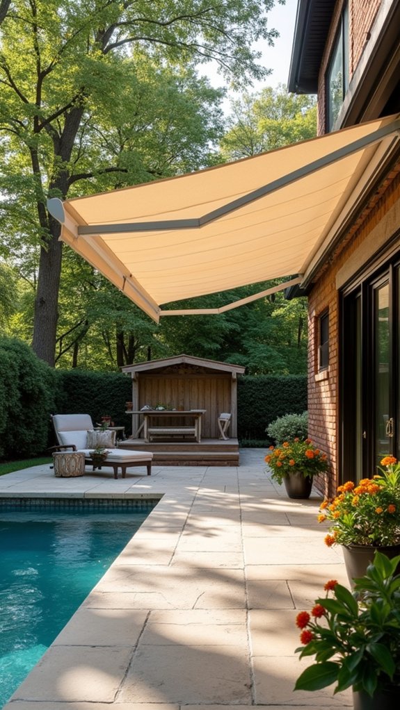 24 Smooth Retractable Pool Shade Ideas That Adjust Effortlessly stylish adjustable outdoor shade