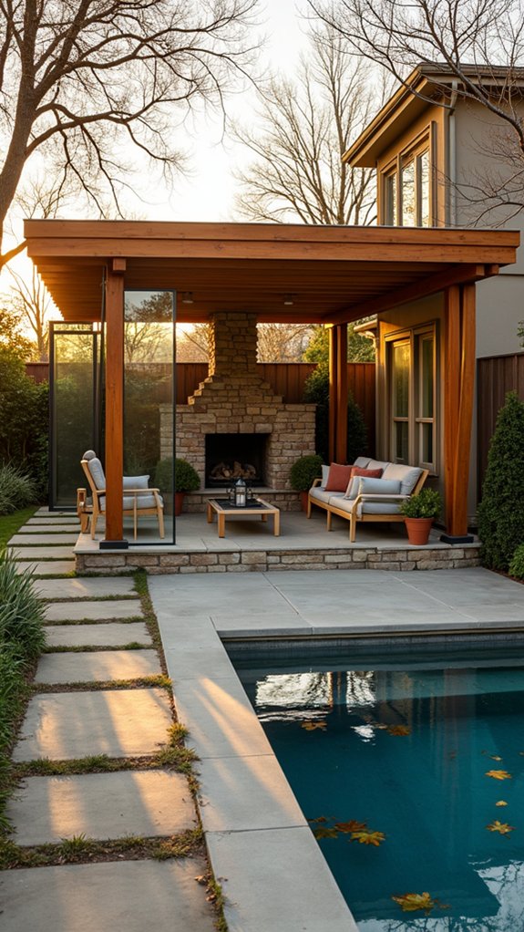 20 Cozy Pool Pergola With Fireplace Ideas For Warm Nights stylish glass windbreak design