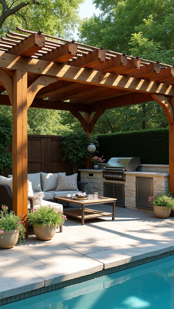 20 Refined Pool Pergola Design Ideas With Architectural Interest stylish outdoor cooking space