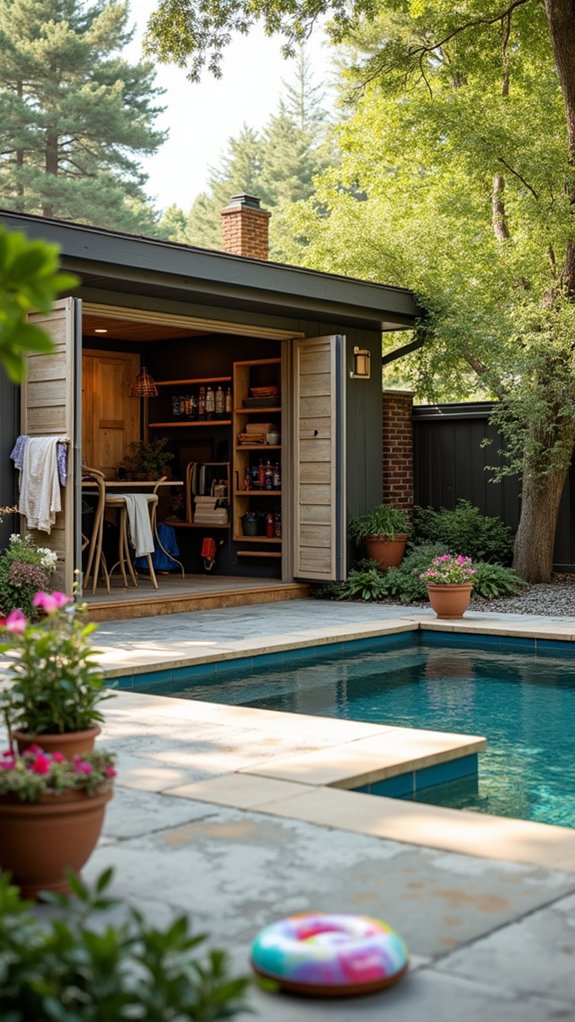 24 Creative Pool House For Small Backyard Ideas That Make Every Foot Count stylish outdoor storage solutions