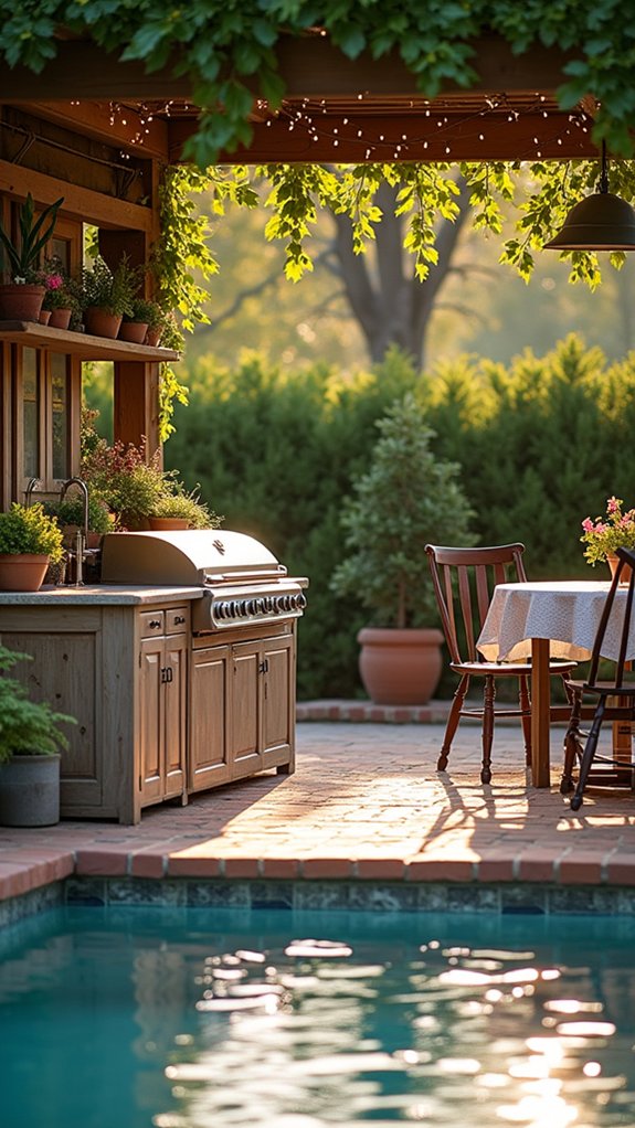 24 Farmhouse Pool House Ideas Full of Cozy Country Style stylish poolside outdoor kitchen