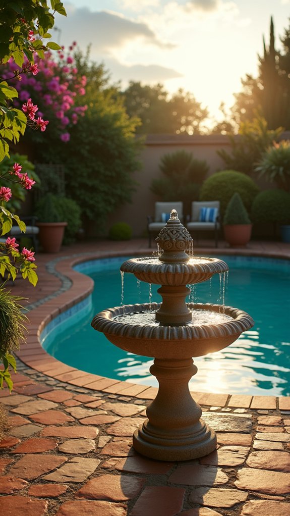 25 Bright Outdoor Pool Lighting Ideas That Elevate the Whole Yard tranquil decorative poolside fountains