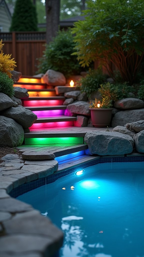 21 Helpful Pool Stairs Lighting Ideas That Guide Each Step transformative color changing ambiance