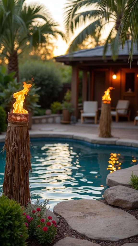 18 Elegant Pool Lighting Looks That Add Soft Sophistication tropical ambiance with citronella