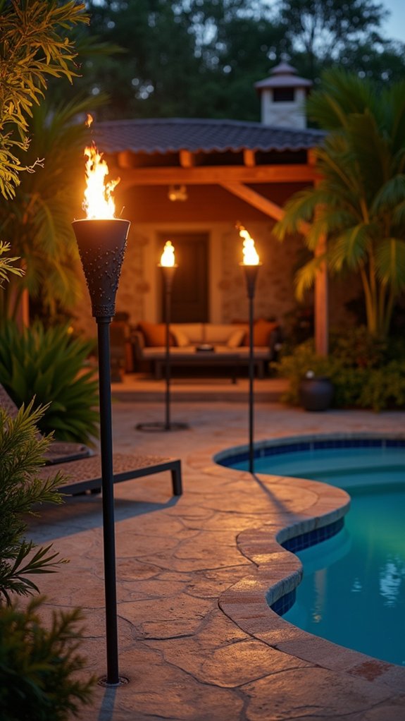 19 Practical Pool Fence Lighting Ideas That Boost Security and Style tropical ambiance with safety