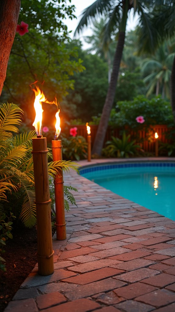 24 Lush Pool Garden Lighting Ideas That Bring Plants to Life tropical ambiance with tiki torches