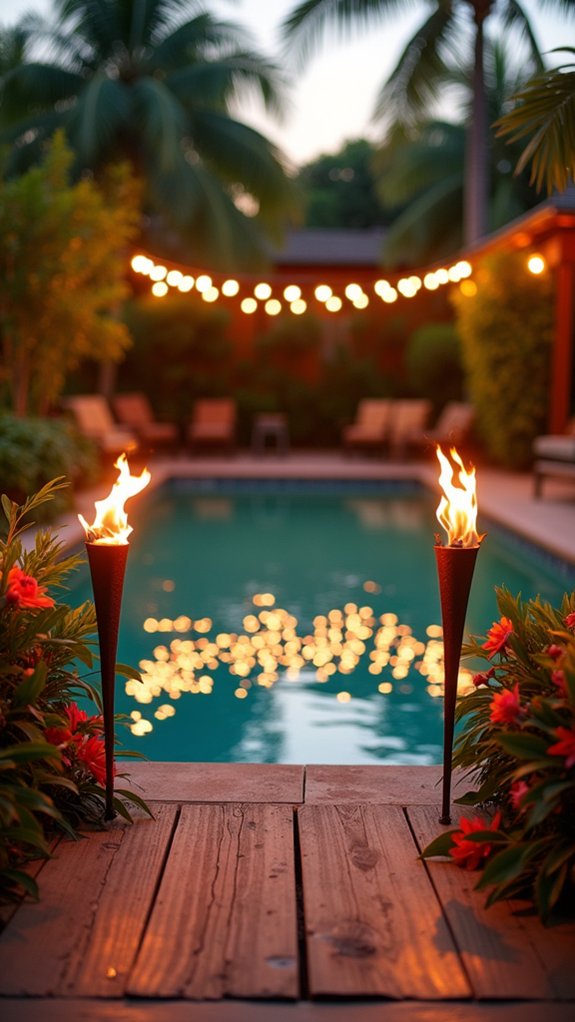 20 Romantic Pool Wedding Lighting Ideas That Feel Magical tropical ambiance with tiki torches