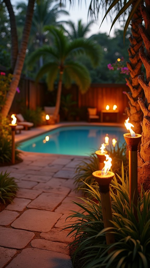 23 Gorgeous Backyard Pool Lighting Ideas That Create a Warm Evening Glow tropical ambiance with tiki torches
