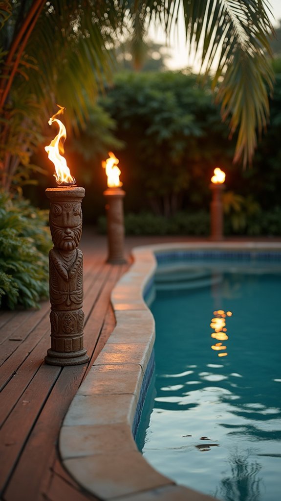 24 Soft Pool Edge Lighting Ideas That Outline the Water Beautifully tropical ambiance with tiki torches