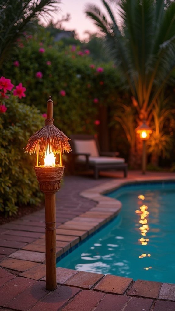 19 Outdoor Lighting Around Pool Ideas That Look Beautiful After Sunset tropical ambiance with tiki torches
