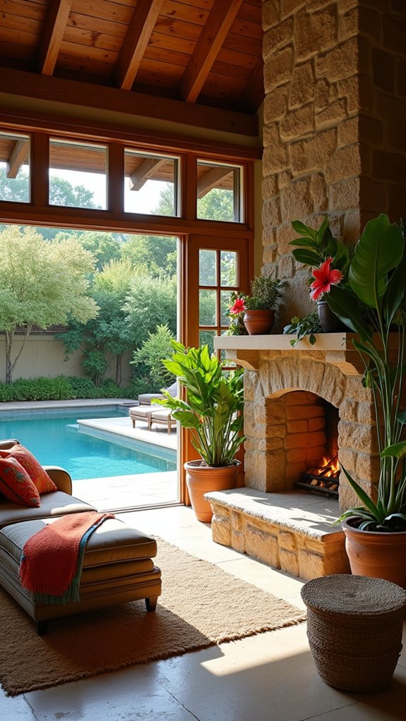 24 Cozy Pool House With Fireplace Ideas For Year Round Comfort tropical indoor fireplace retreat